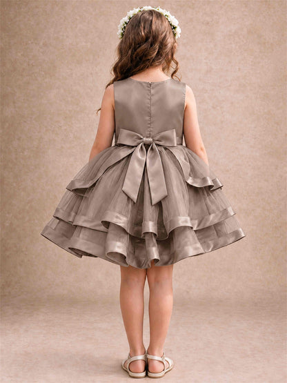 Satin Tulle Flower Girl Dress Tiered Ruffle Skirt Pearl Waist Back Bow Wedding Gown