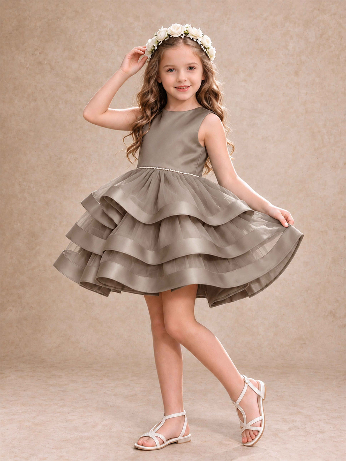 Satin Tulle Flower Girl Dress Tiered Ruffle Skirt Pearl Waist Back Bow Wedding Gown