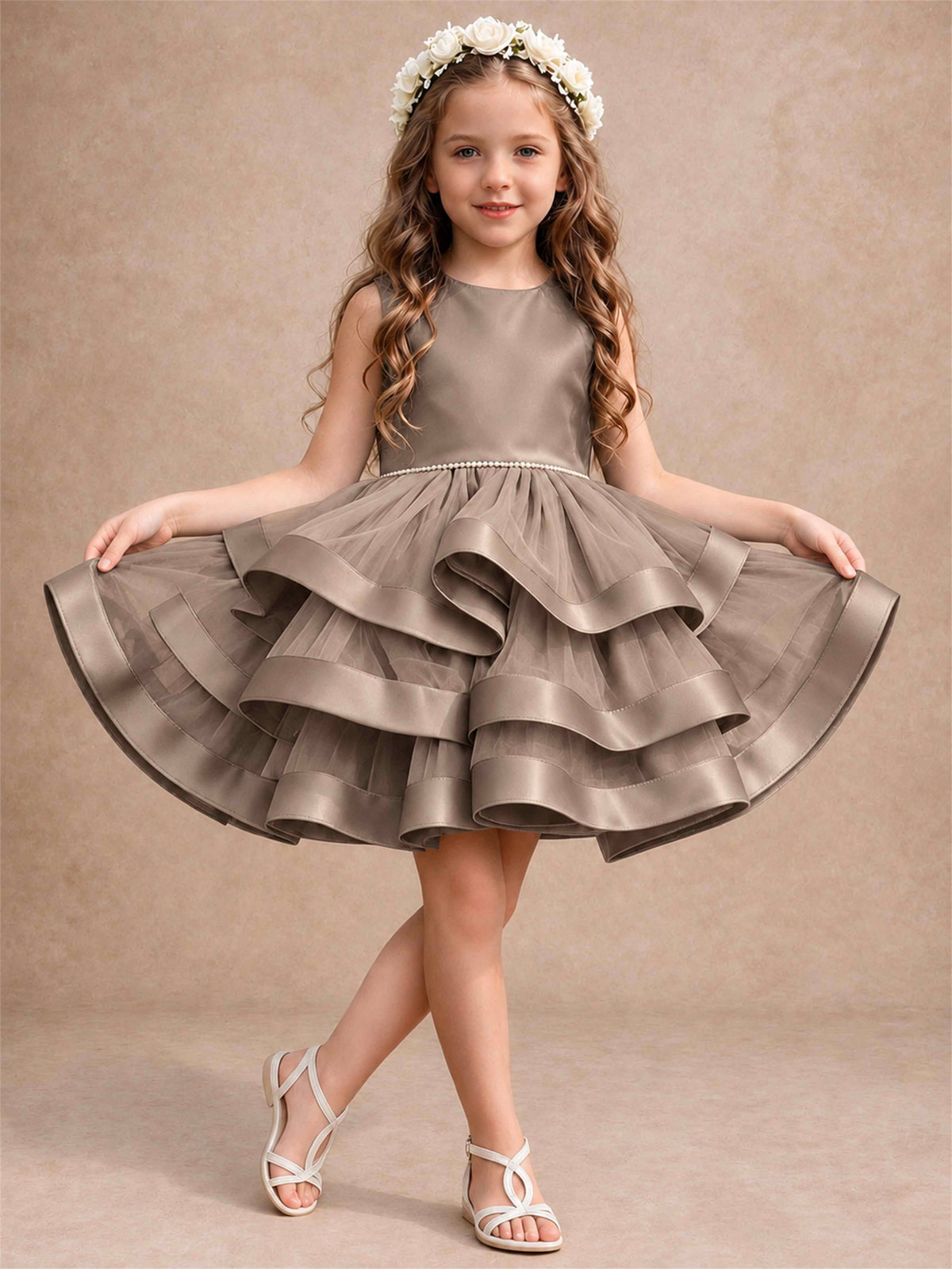 Satin Tulle Flower Girl Dress Tiered Ruffle Skirt Pearl Waist Back Bow Wedding Gown