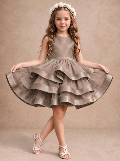 Satin Tulle Flower Girl Dress Tiered Ruffle Skirt Pearl Waist Back Bow Wedding Gown