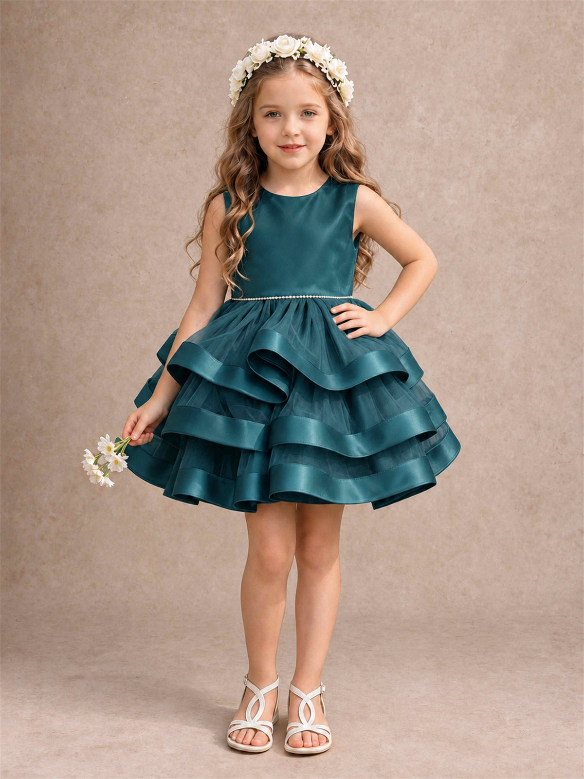 Satin Tulle Flower Girl Dress Tiered Ruffle Skirt Pearl Waist Back Bow Wedding Gown