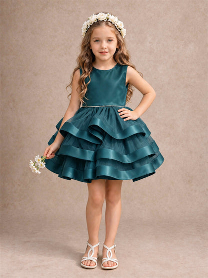 Satin Tulle Flower Girl Dress Tiered Ruffle Skirt Pearl Waist Back Bow Wedding Gown