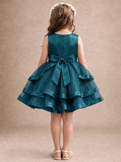 Satin Tulle Flower Girl Dress Tiered Ruffle Skirt Pearl Waist Back Bow Wedding Gown