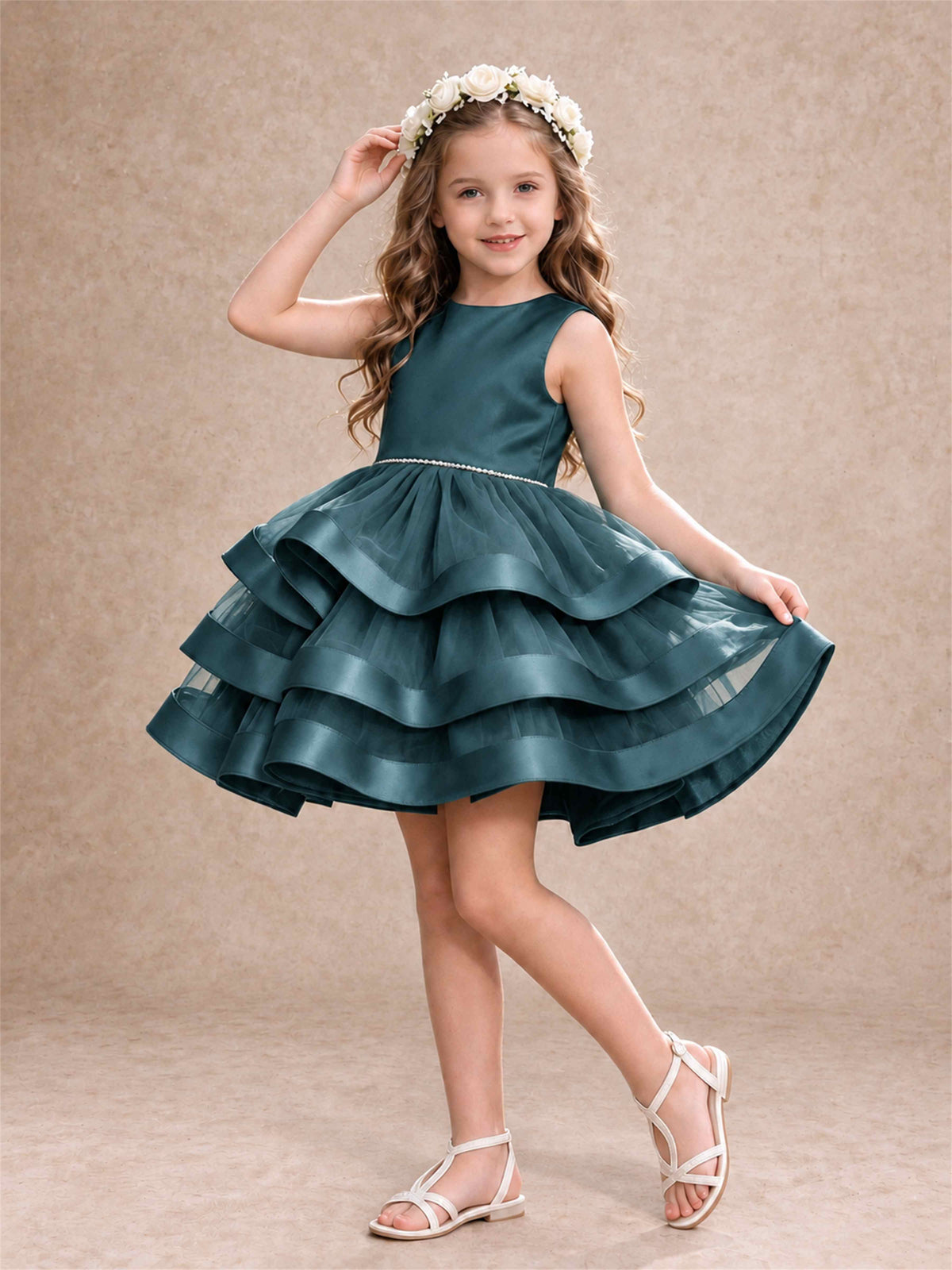Satin Tulle Flower Girl Dress Tiered Ruffle Skirt Pearl Waist Back Bow Wedding Gown