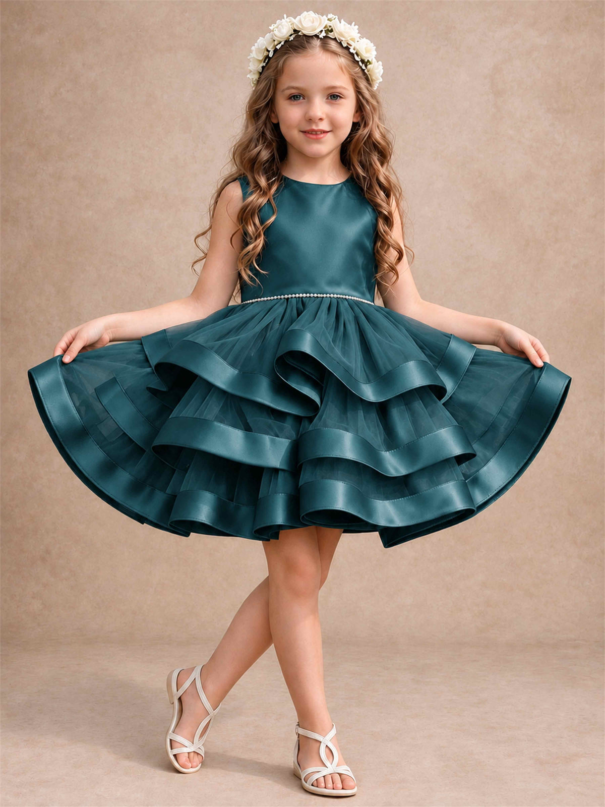 Satin Tulle Flower Girl Dress Tiered Ruffle Skirt Pearl Waist Back Bow Wedding Gown