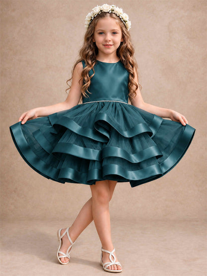 Satin Tulle Flower Girl Dress Tiered Ruffle Skirt Pearl Waist Back Bow Wedding Gown