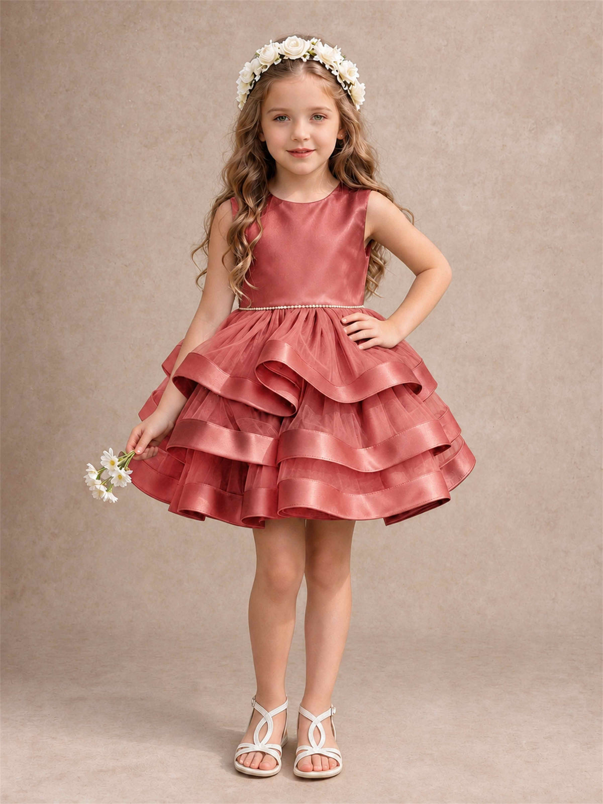 Satin Tulle Flower Girl Dress Tiered Ruffle Skirt Pearl Waist Back Bow Wedding Gown