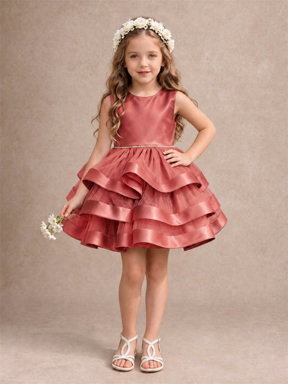 Satin Tulle Flower Girl Dress Tiered Ruffle Skirt Pearl Waist Back Bow Wedding Gown