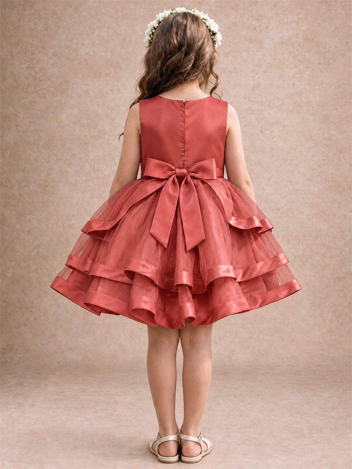Satin Tulle Flower Girl Dress Tiered Ruffle Skirt Pearl Waist Back Bow Wedding Gown