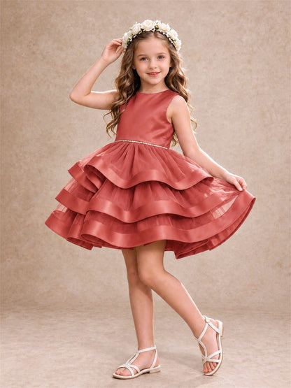 Satin Tulle Flower Girl Dress Tiered Ruffle Skirt Pearl Waist Back Bow Wedding Gown