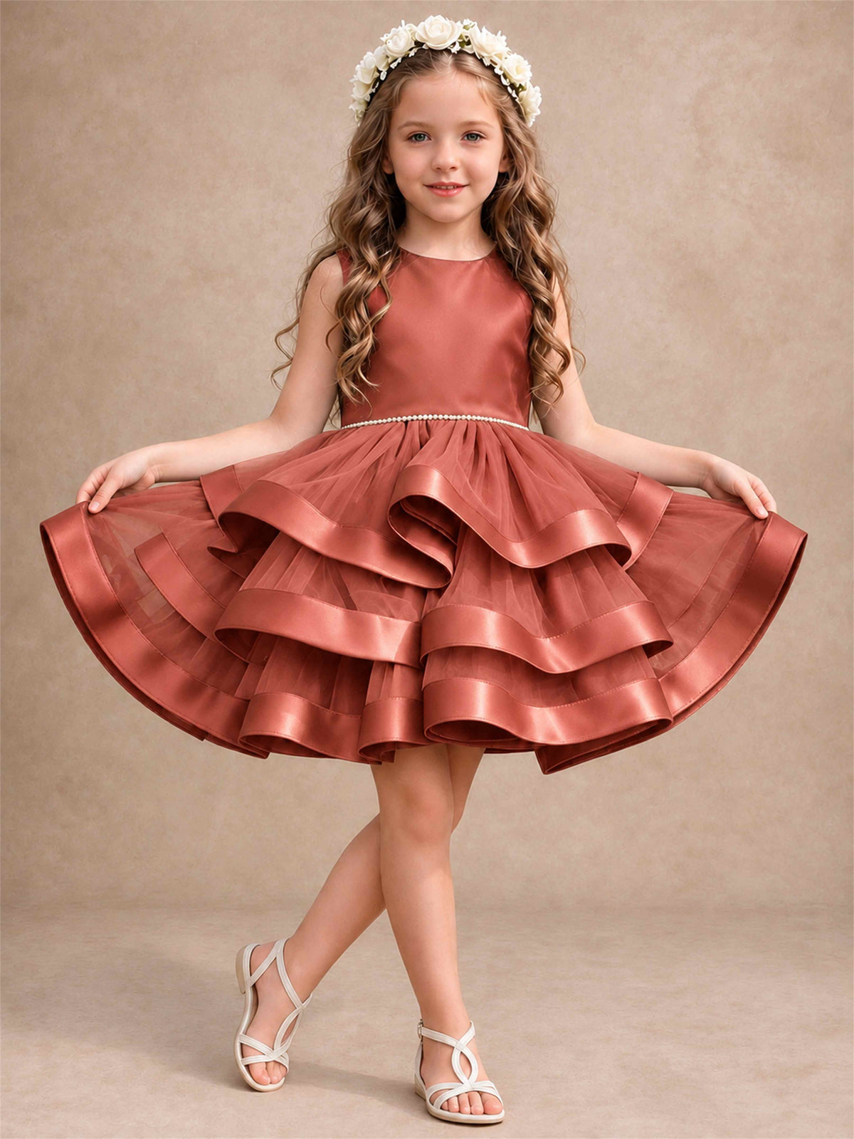 Satin Tulle Flower Girl Dress Tiered Ruffle Skirt Pearl Waist Back Bow Wedding Gown