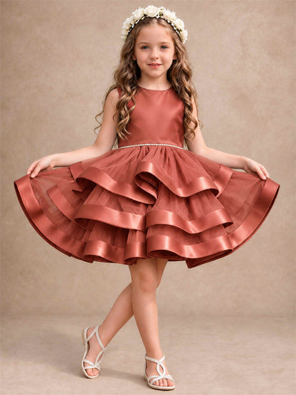 Satin Tulle Flower Girl Dress Tiered Ruffle Skirt Pearl Waist Back Bow Wedding Gown