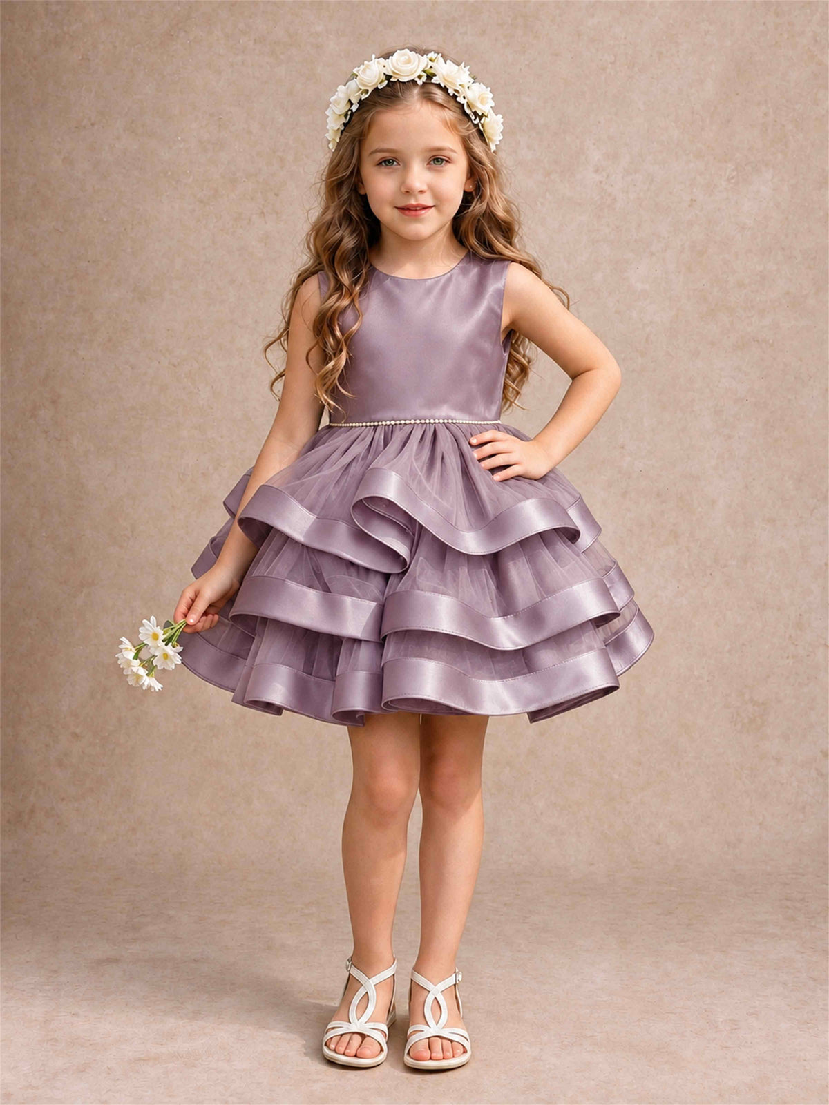 Satin Tulle Flower Girl Dress Tiered Ruffle Skirt Pearl Waist Back Bow Wedding Gown