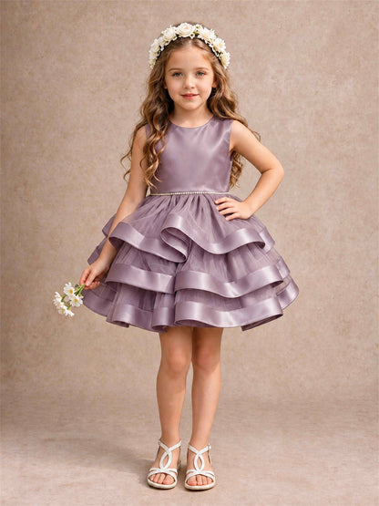 Satin Tulle Flower Girl Dress Tiered Ruffle Skirt Pearl Waist Back Bow Wedding Gown