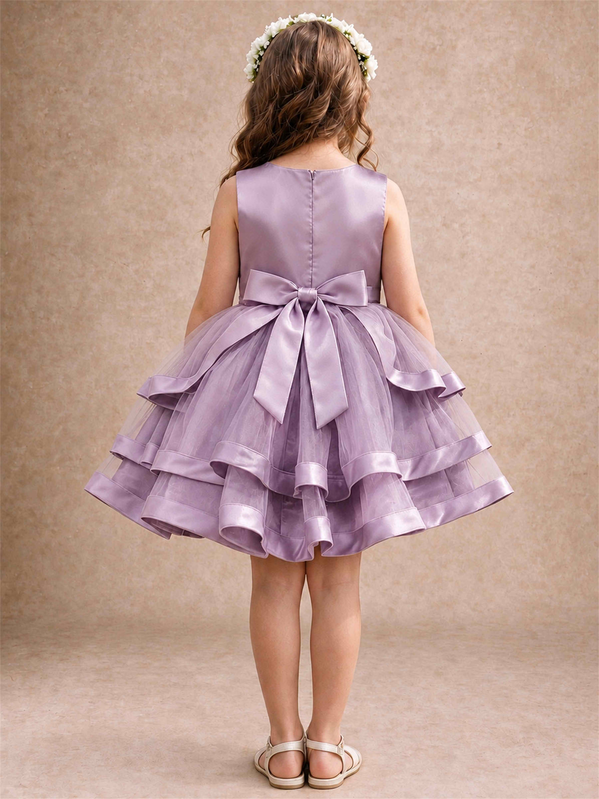 Satin Tulle Flower Girl Dress Tiered Ruffle Skirt Pearl Waist Back Bow Wedding Gown