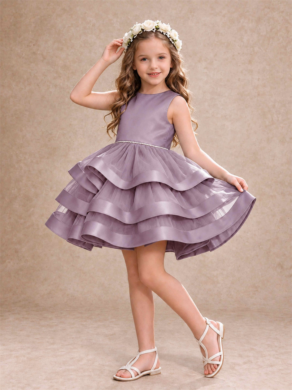 Satin Tulle Flower Girl Dress Tiered Ruffle Skirt Pearl Waist Back Bow Wedding Gown