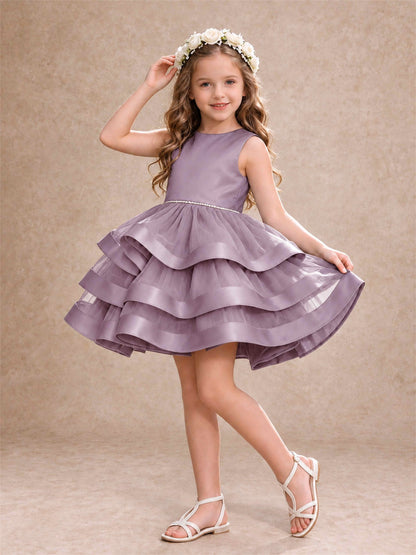 Satin Tulle Flower Girl Dress Tiered Ruffle Skirt Pearl Waist Back Bow Wedding Gown