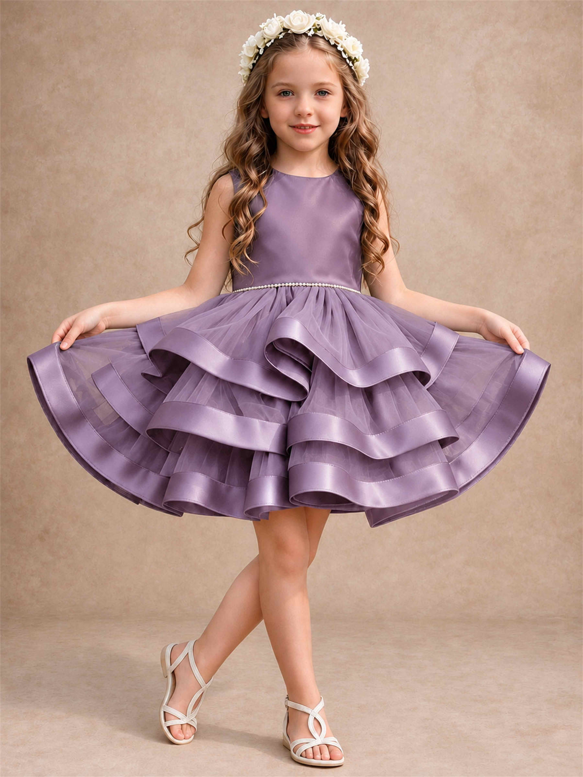 Satin Tulle Flower Girl Dress Tiered Ruffle Skirt Pearl Waist Back Bow Wedding Gown