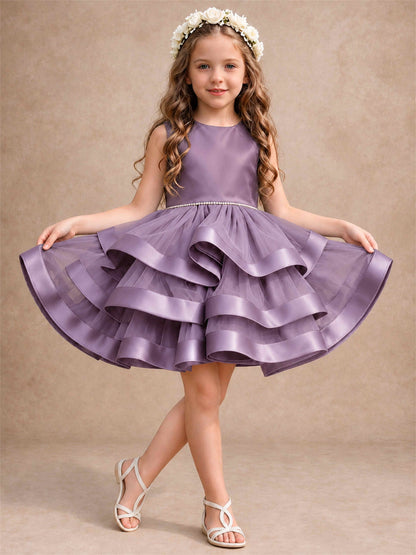Satin Tulle Flower Girl Dress Tiered Ruffle Skirt Pearl Waist Back Bow Wedding Gown