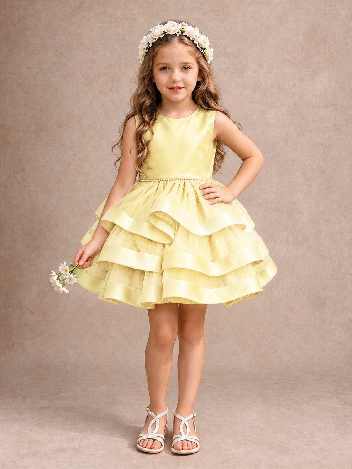 Satin Tulle Flower Girl Dress Tiered Ruffle Skirt Pearl Waist Back Bow Wedding Gown