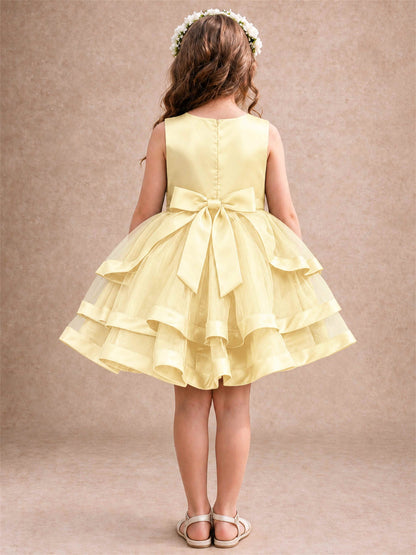 Satin Tulle Flower Girl Dress Tiered Ruffle Skirt Pearl Waist Back Bow Wedding Gown