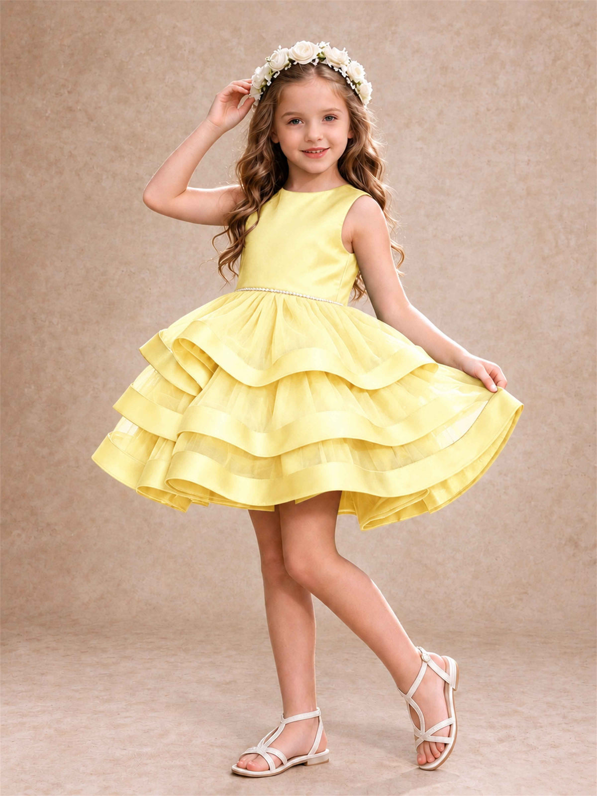 Satin Tulle Flower Girl Dress Tiered Ruffle Skirt Pearl Waist Back Bow Wedding Gown