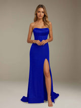 Sequin Strapless Floor Length Ruched Prom Dress with Side Slit