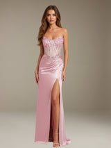 Sequin Strapless Prom Dress with Side Slit