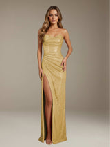 Sequin Strapless Prom Dress with Ruffles and Side Slit