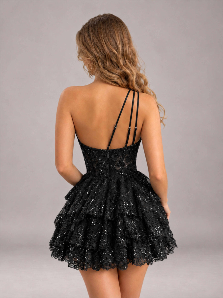 Black Sequined One Shoulder Tulle Mini Homecoming Dress with Tiered Skirt