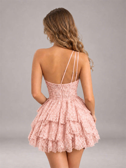 Blush Pink Sequined One Shoulder Tulle Mini Homecoming Dress with Tiered Skirt