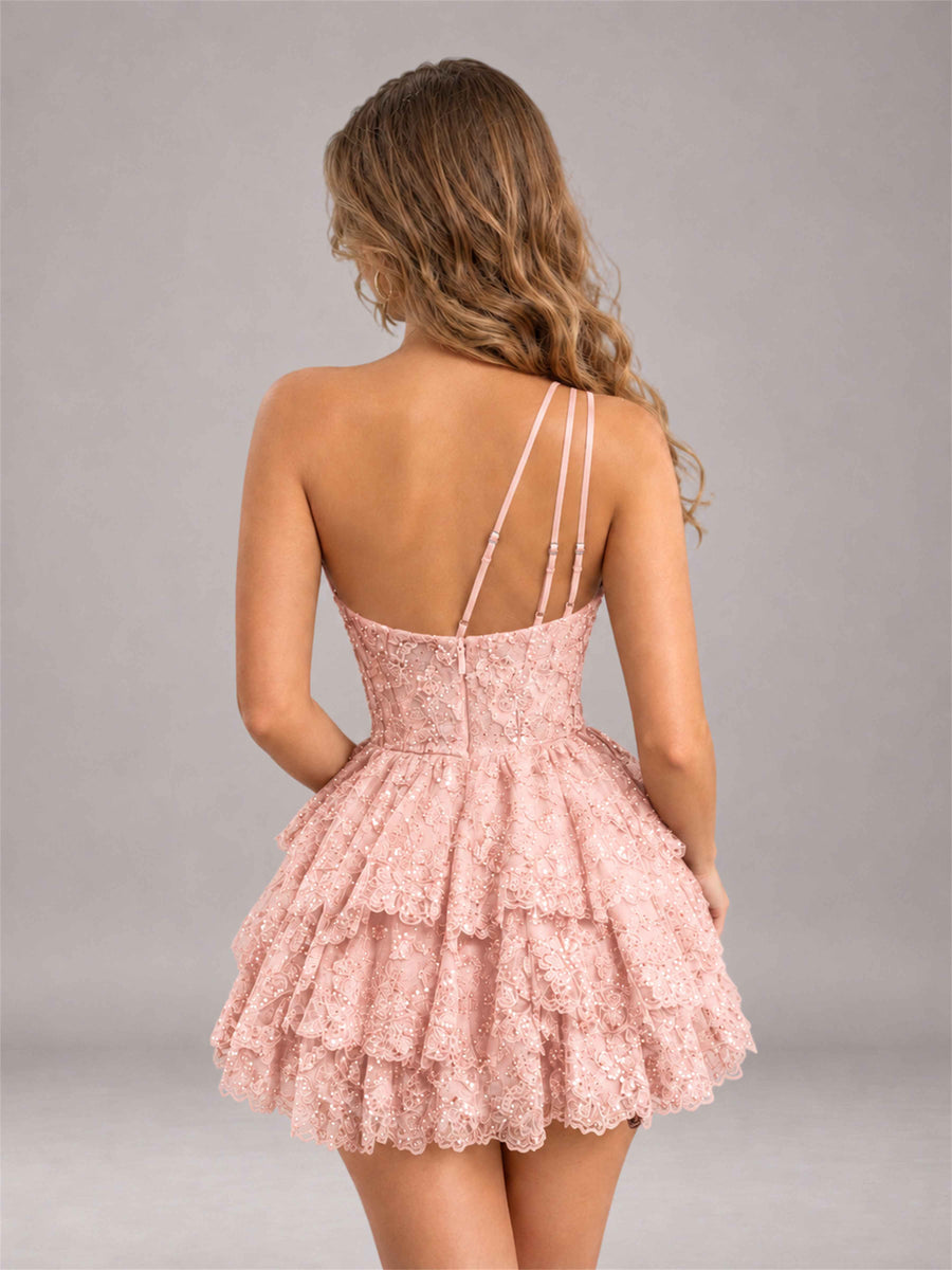 Blush Pink Sequined One Shoulder Tulle Mini Homecoming Dress with Tiered Skirt