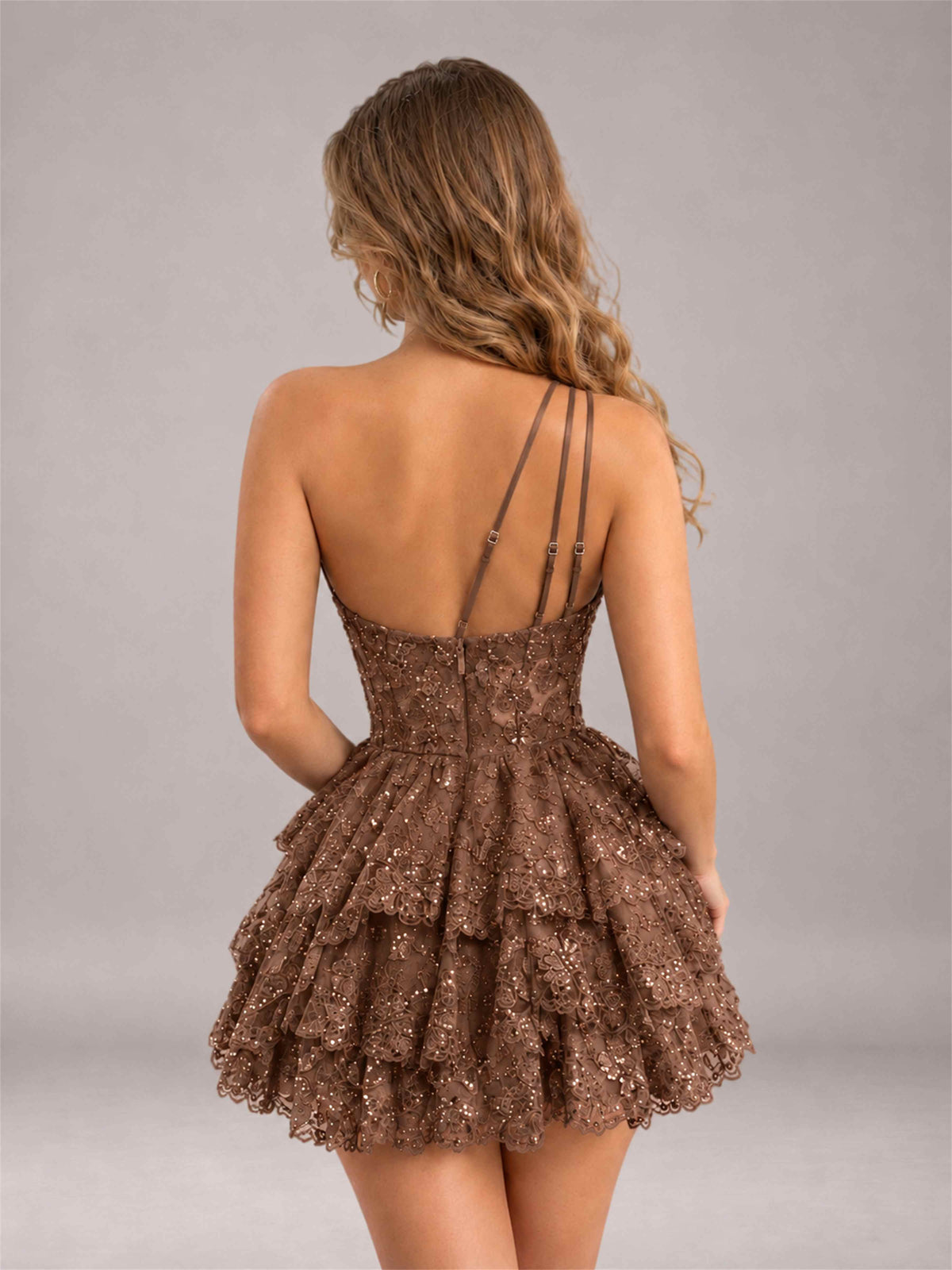 Brown Sequined One Shoulder Tulle Mini Homecoming Dress with Tiered Skirt