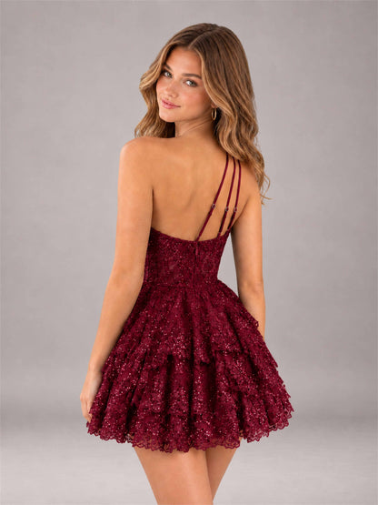 Burgundy Sequined One Shoulder Tulle Mini Homecoming Dress with Tiered Skirt