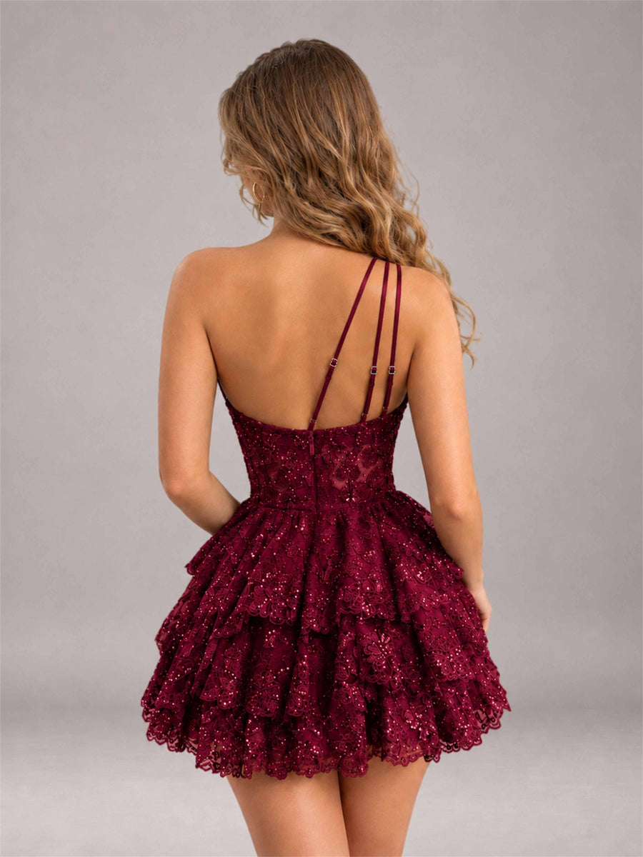 Burgundy Sequined One Shoulder Tulle Mini Homecoming Dress with Tiered Skirt