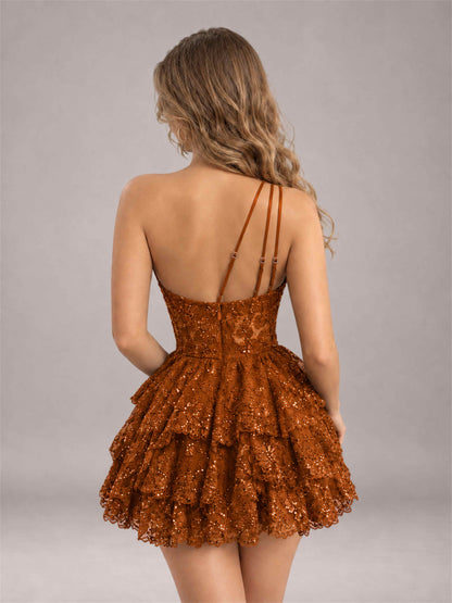Burnt Orange Sequined One Shoulder Tulle Mini Homecoming Dress with Tiered Skirt