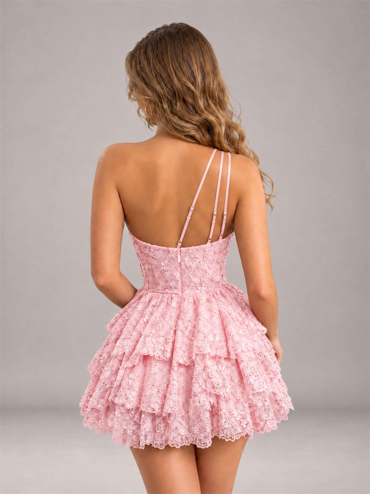 Candy Pink Sequined One Shoulder Tulle Mini Homecoming Dress with Tiered Skirt