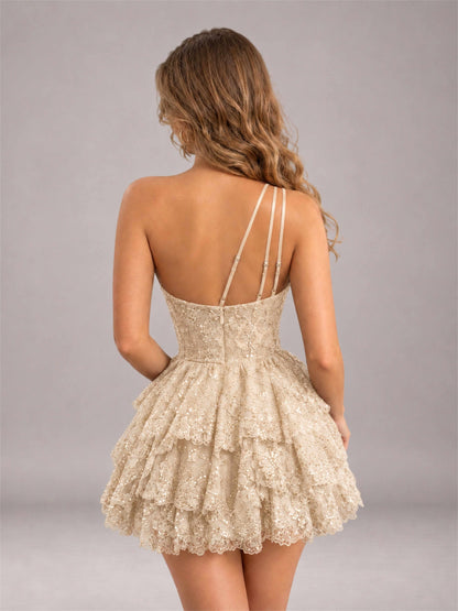 Champagne Sequined One Shoulder Tulle Mini Homecoming Dress with Tiered Skirt