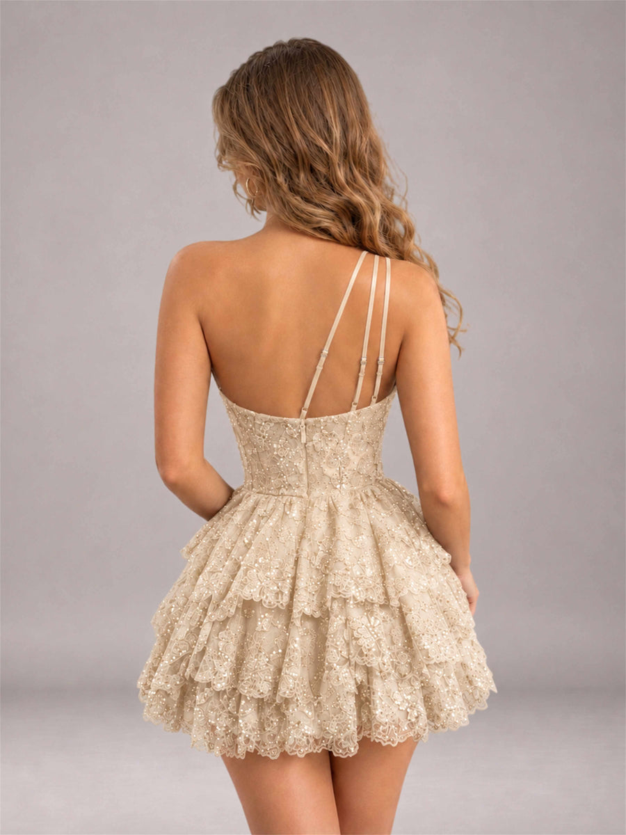 Champagne Sequined One Shoulder Tulle Mini Homecoming Dress with Tiered Skirt