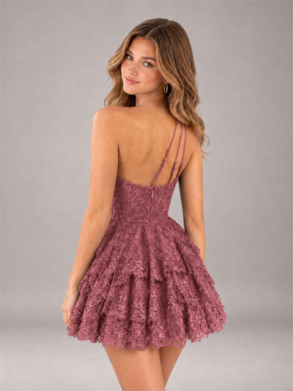Cinnamon Rose Sequined One Shoulder Tulle Mini Homecoming Dress with Tiered Skirt