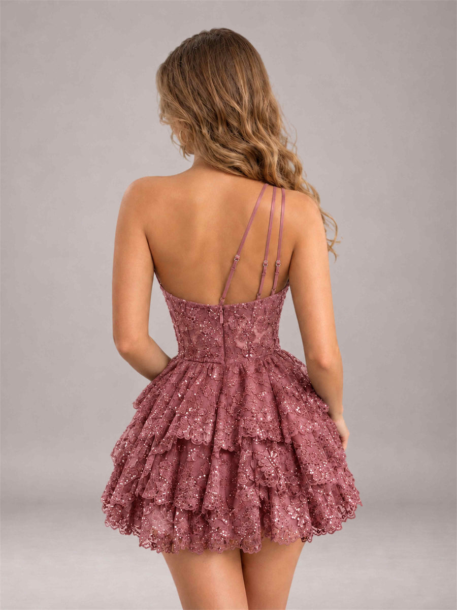Cinnamon Rose Sequined One Shoulder Tulle Mini Homecoming Dress with Tiered Skirt