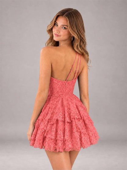 Coral Sequined One Shoulder Tulle Mini Homecoming Dress with Tiered Skirt