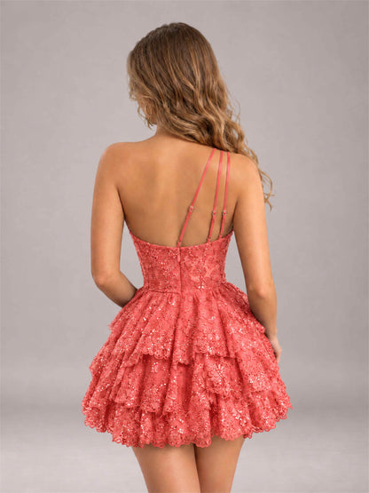Coral Sequined One Shoulder Tulle Mini Homecoming Dress with Tiered Skirt