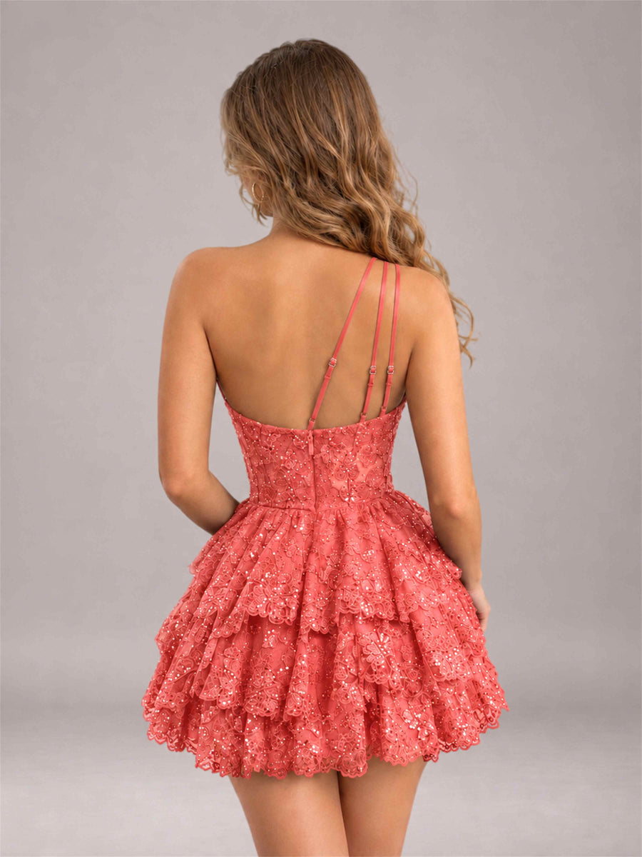 Coral Sequined One Shoulder Tulle Mini Homecoming Dress with Tiered Skirt