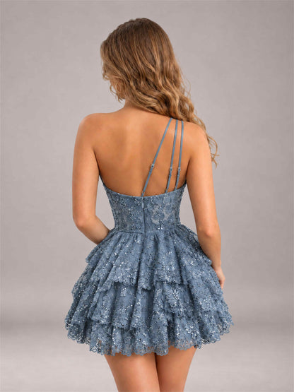 Dusty Blue Sequined One Shoulder Tulle Mini Homecoming Dress with Tiered Skirt