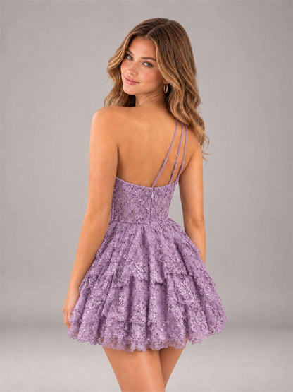 Dusty Purple Sequined One Shoulder Tulle Mini Homecoming Dress with Tiered Skirt