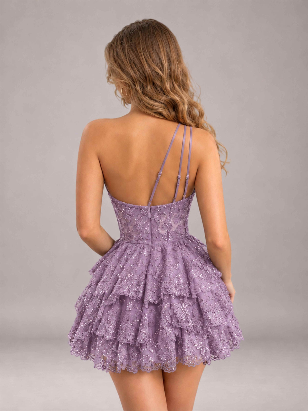 Dusty Purple Sequined One Shoulder Tulle Mini Homecoming Dress with Tiered Skirt