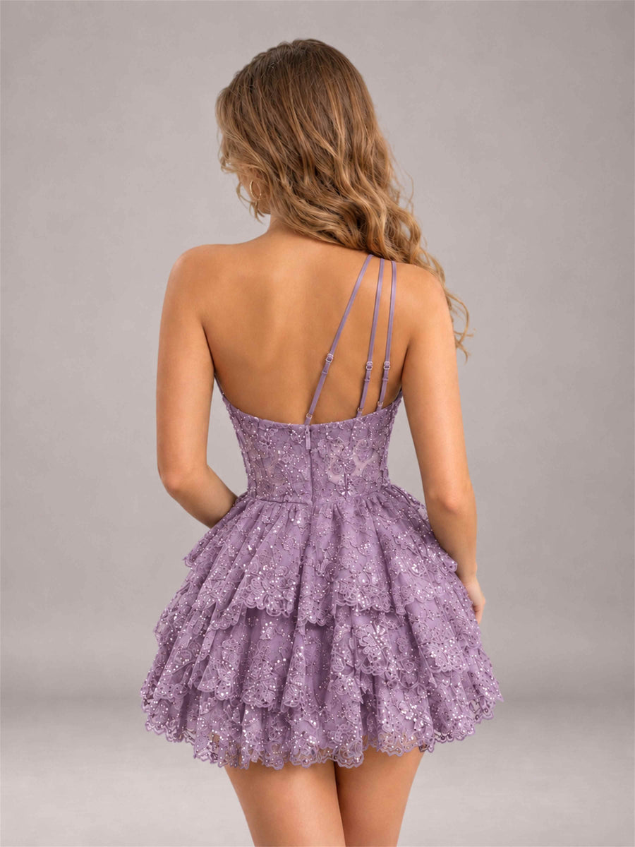 Dusty Purple Sequined One Shoulder Tulle Mini Homecoming Dress with Tiered Skirt