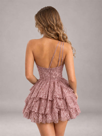 Dusty Rose Sequined One Shoulder Tulle Mini Homecoming Dress with Tiered Skirt
