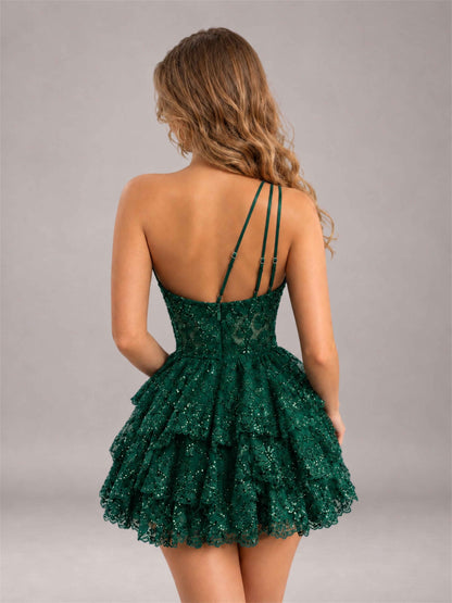Emerald Green Sequined One Shoulder Tulle Mini Homecoming Dress with Tiered Skirt